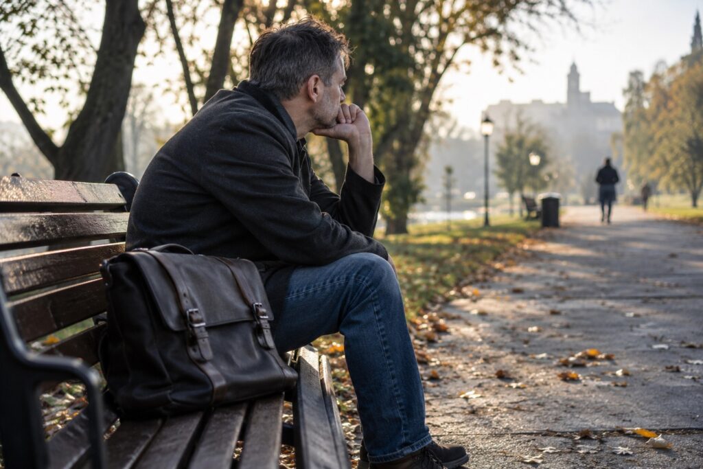 Mężczyzna siedzi na parkowej ławce z torbą obok siebie.
