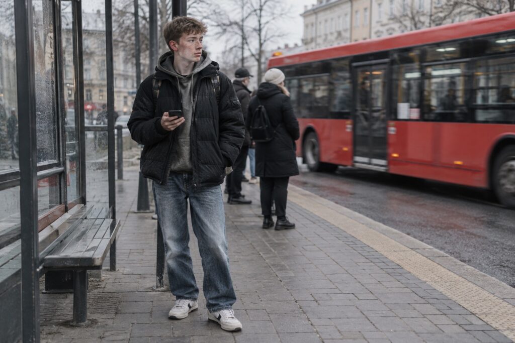 Młoda osoba odkładająca telefon na przystanku