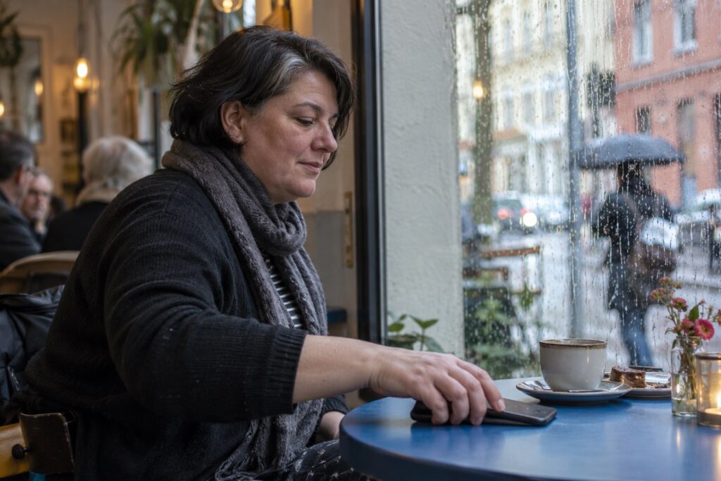 Kobieta odkładająca telefon podczas przerwy w kawiarni