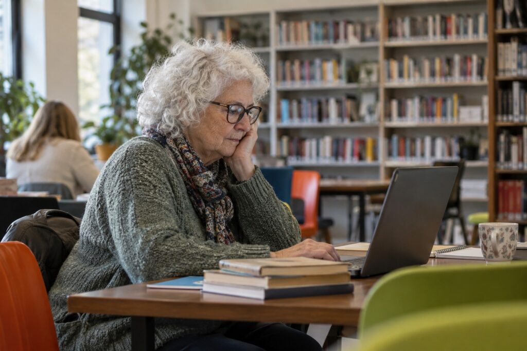 Starsza kobieta sprawdzająca informacje w bibliotece