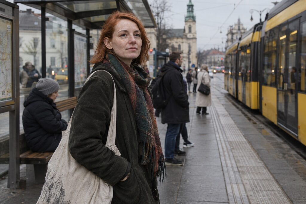 Rudowłosa kobieta na miejskim przystanku