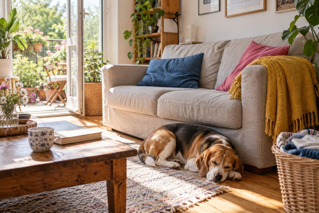 Jasny salon z kolorowymi poduszkami, książką na stoliku i beagle śpiącym obok kanapy.