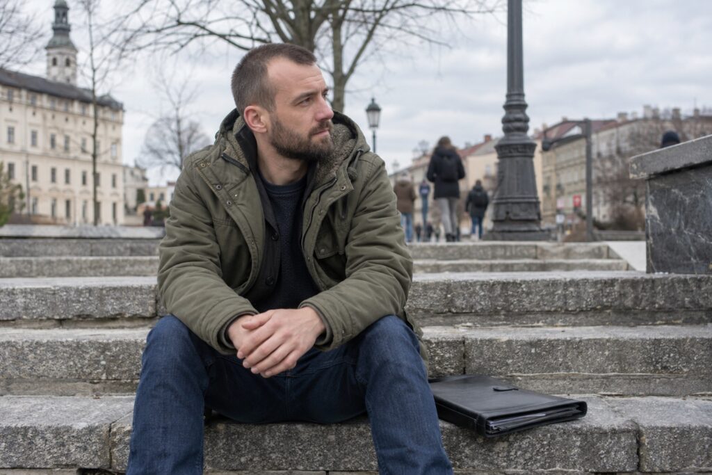 Mężczyzna z teczką dokumentów na miejskich schodach