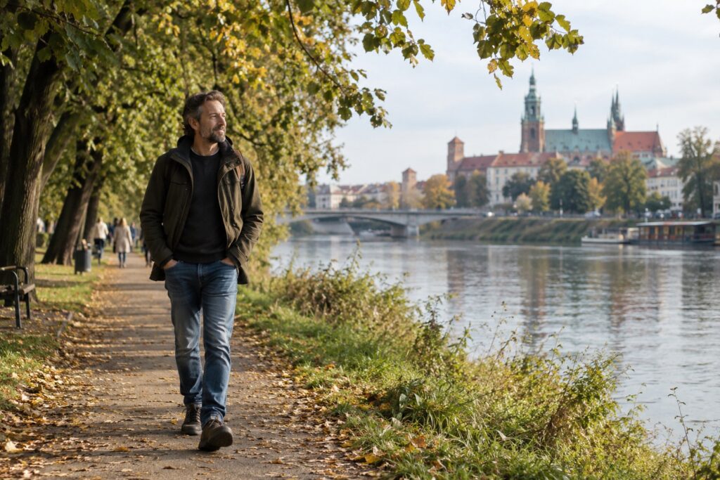 Dorosły mężczyzna spaceruje spokojną ścieżką wśród drzew nad polską rzeką.
