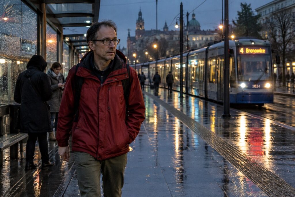 Mężczyzna na mokrym przystanku tramwajowym o zmierzchu