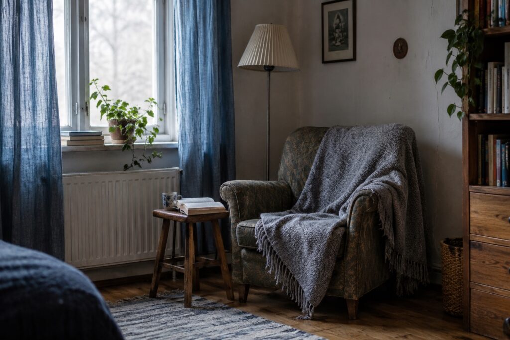 Spokojny pokój z fotelem, zasłonami i wyłączoną lampą