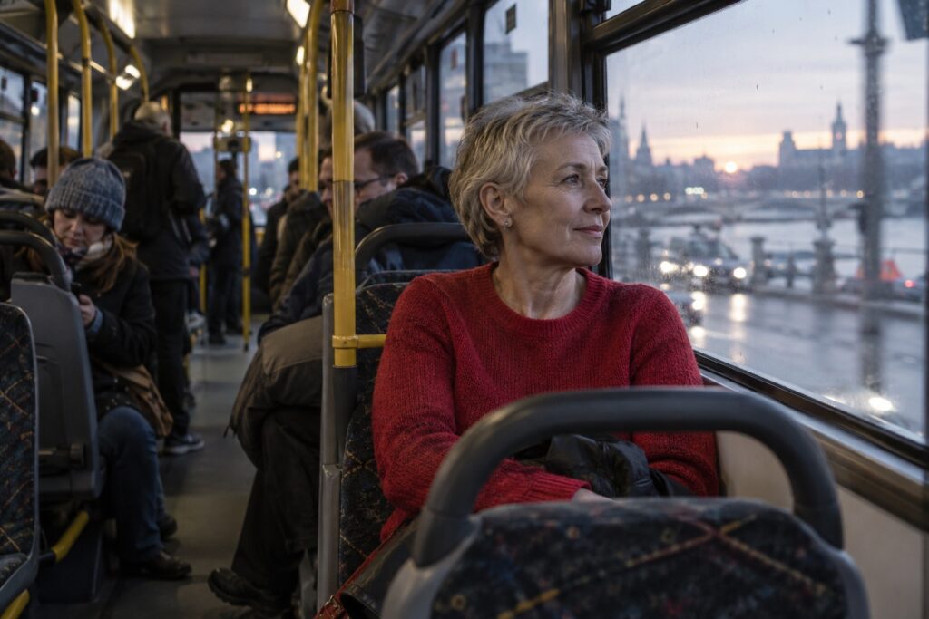 Kobieta jadąca autobusem do pracy o poranku