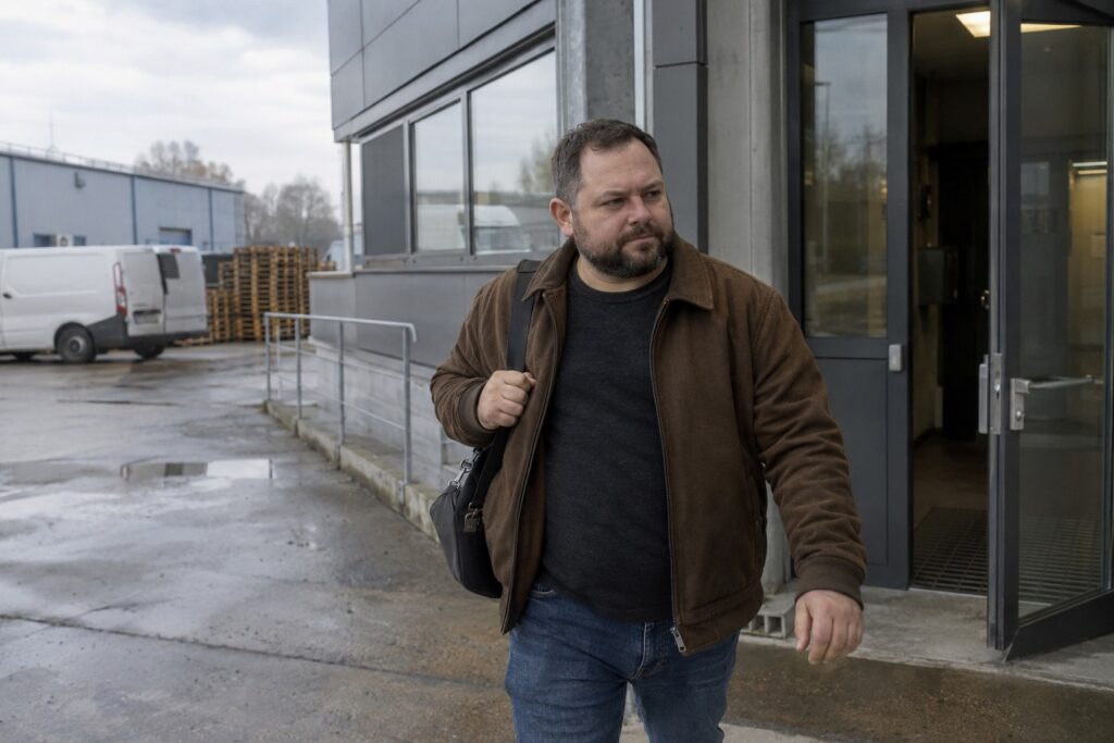 Mężczyzna wychodzący z budynku po trudnym dniu pracy